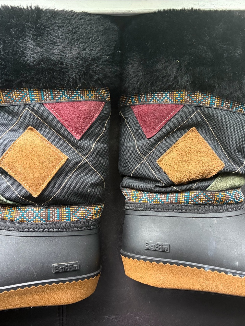 Baffin Black Winter Boots with Brown and Burgundy Suede Accents